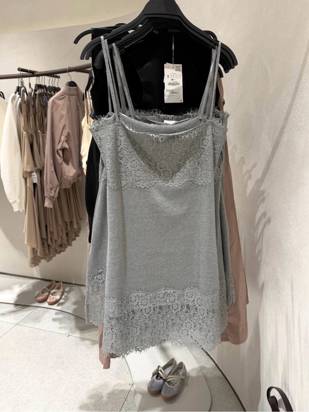 Zara Gray Lace-Trim Slip Dress